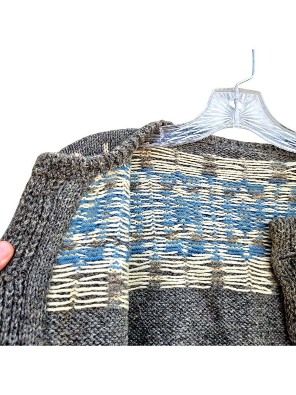 Vintage Hand Knit Nordic Wool Cardigan Gray Geometric Unisex XL - Picture 6 of 15